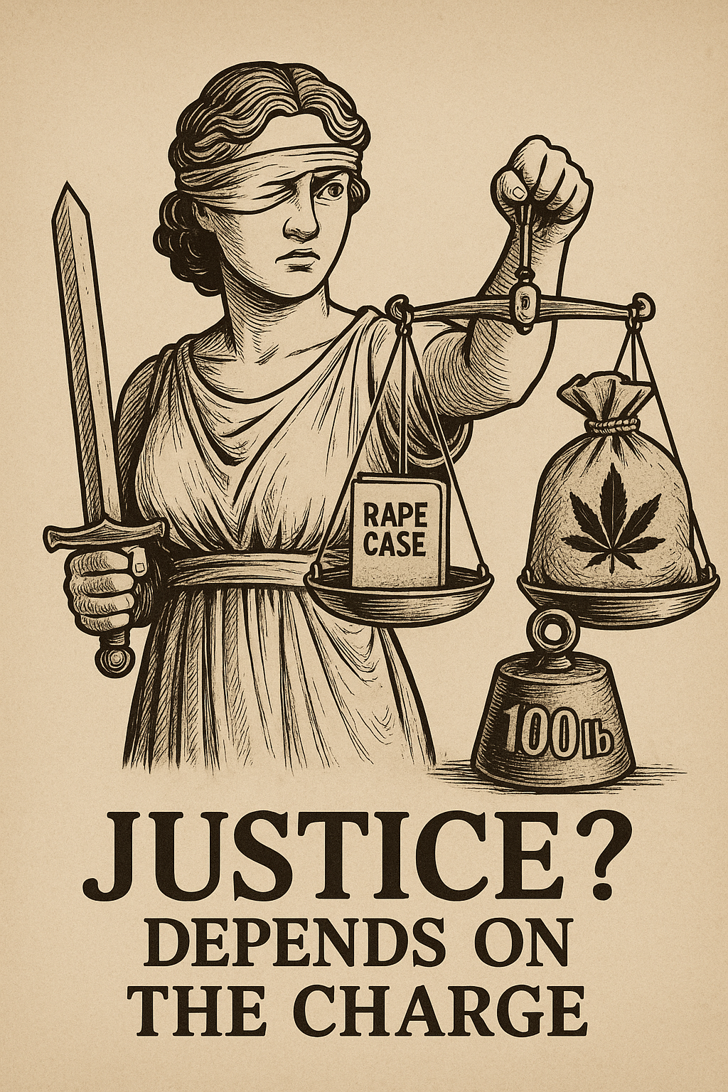 Lady Justice holding uneven scales, with a tiny folder labeled “rape case” on one side and a heavy cannabis bag on the other. Caption reads, “Justice? Depends on the charge.”