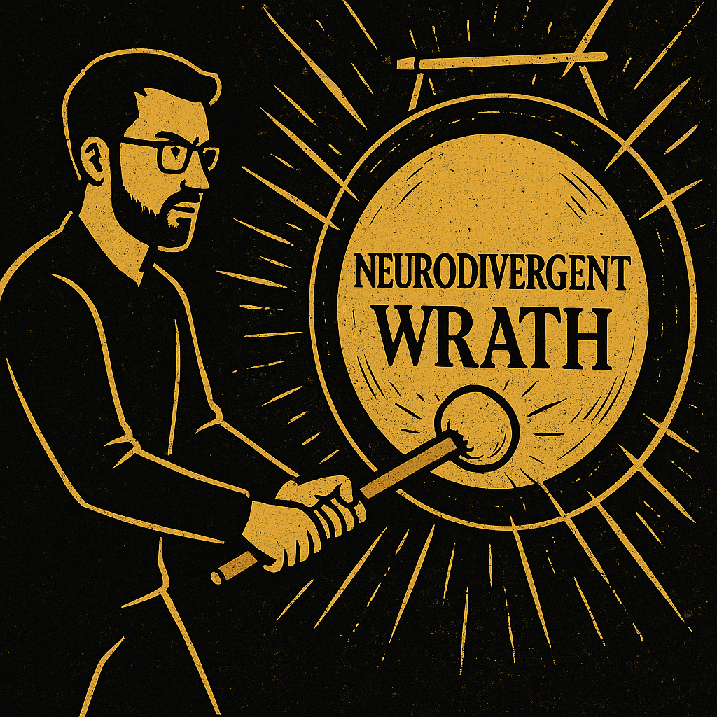 Kieron striking a giant gong labelled “Neurodivergent Wrath,” unleashing the long dong of neurodivergent wrath with golden shockwaves.