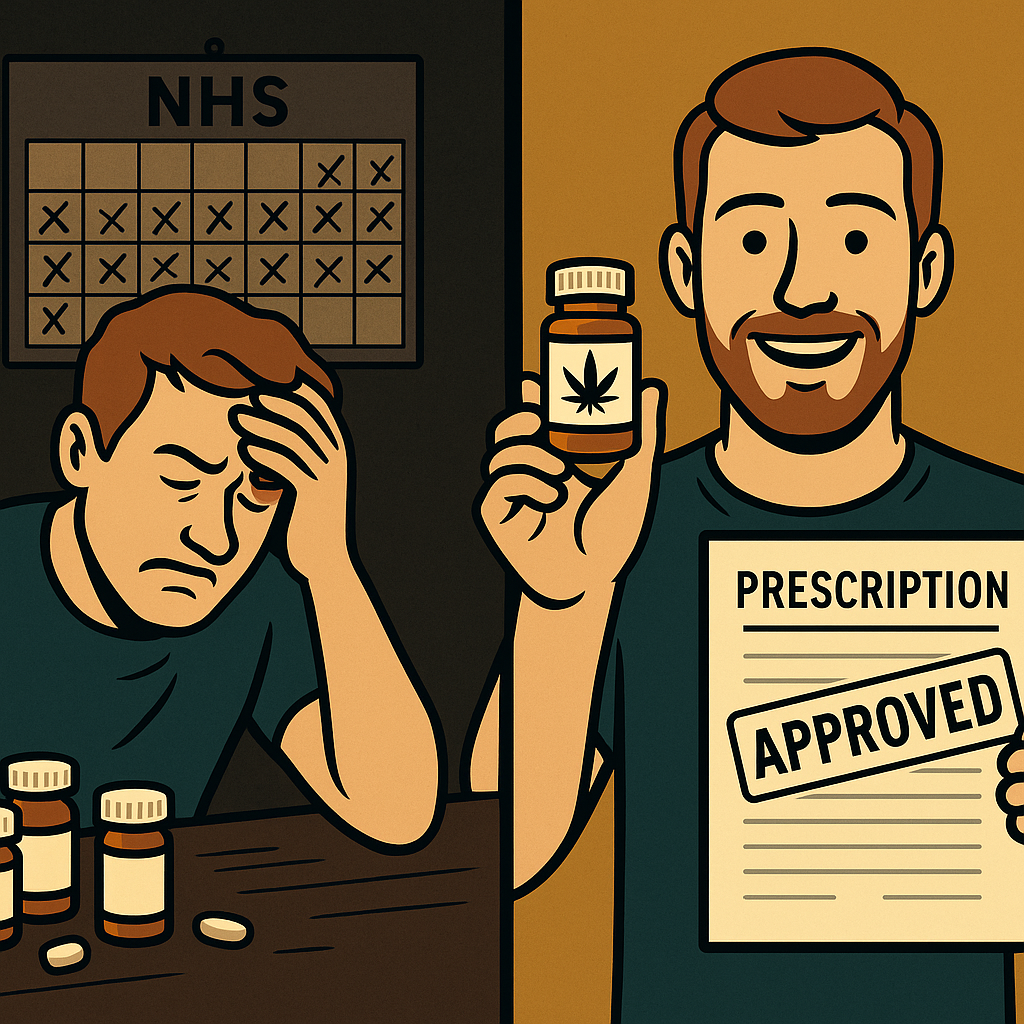 Split-screen cartoon illustration showing a stressed man with pill bottles and NHS calendar delays on the left, and the same man smiling with a legal cannabis prescription and "Approved" paperwork on the right.
