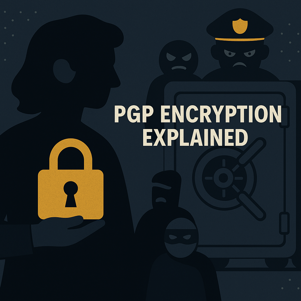 Cartoon silhouette of a whistleblower holding a gold padlock, standing in front of a large digital safe. In the background are cartoonish figures of a police officer and hacker, both looking frustrated. Text reads "PGP Encryption Explained."