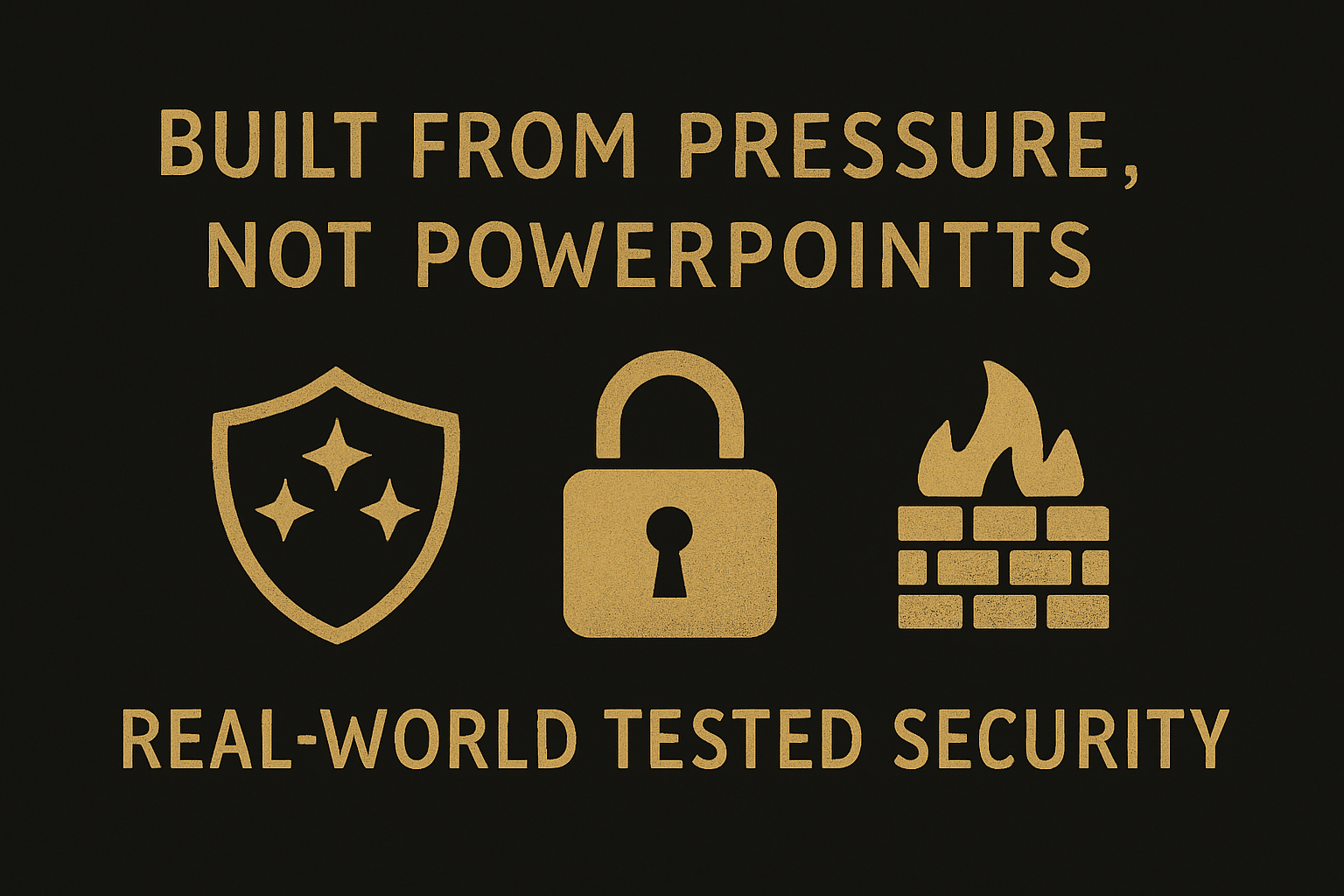 Built from pressure, not PowerPoints — a bold graphic highlighting real-world, lived-experience-tested cybersecurity.