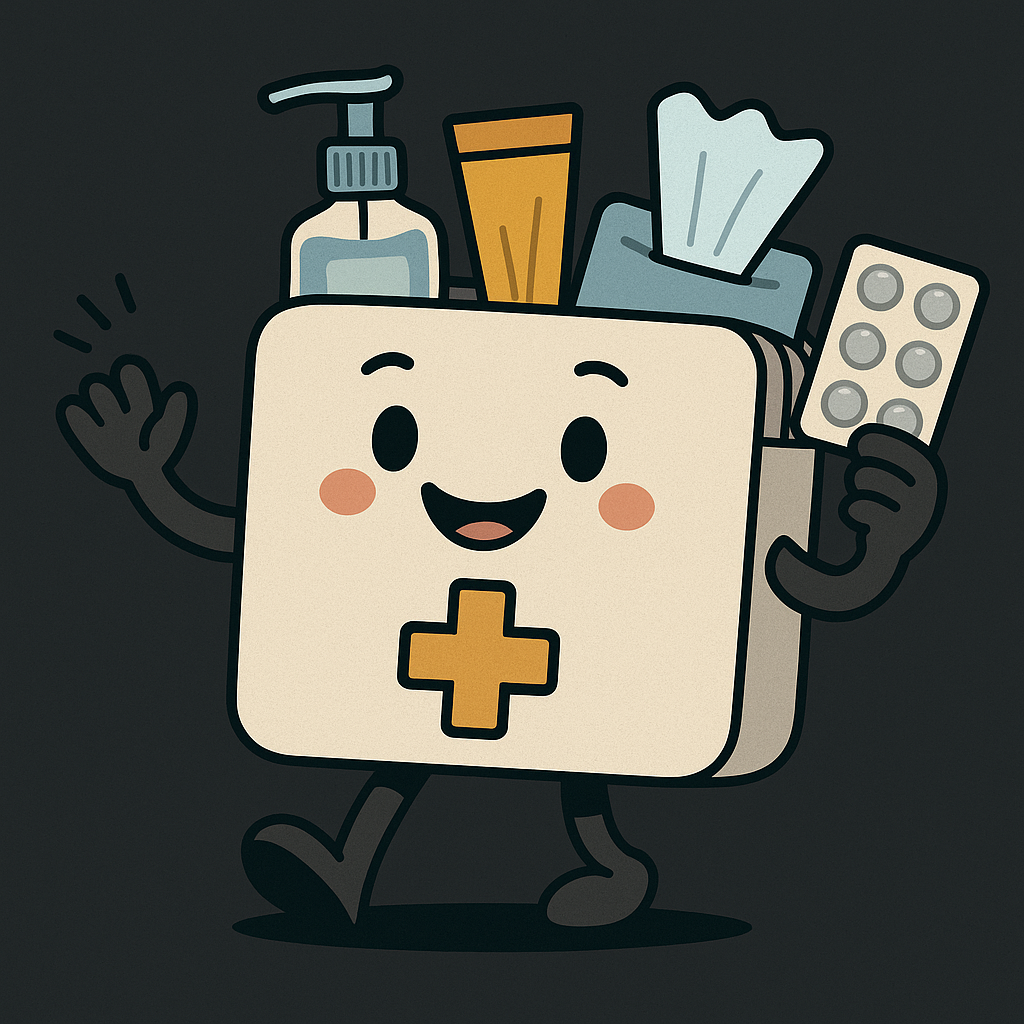 Cartoon first aid kit character with a smile, holding sanitiser, tissues, vitamins, and hydration sachets