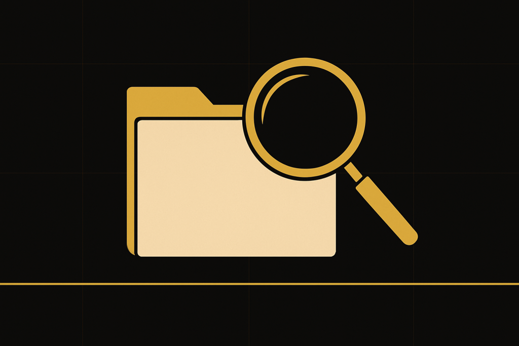 Gold magnifying glass over a file folder on a black background