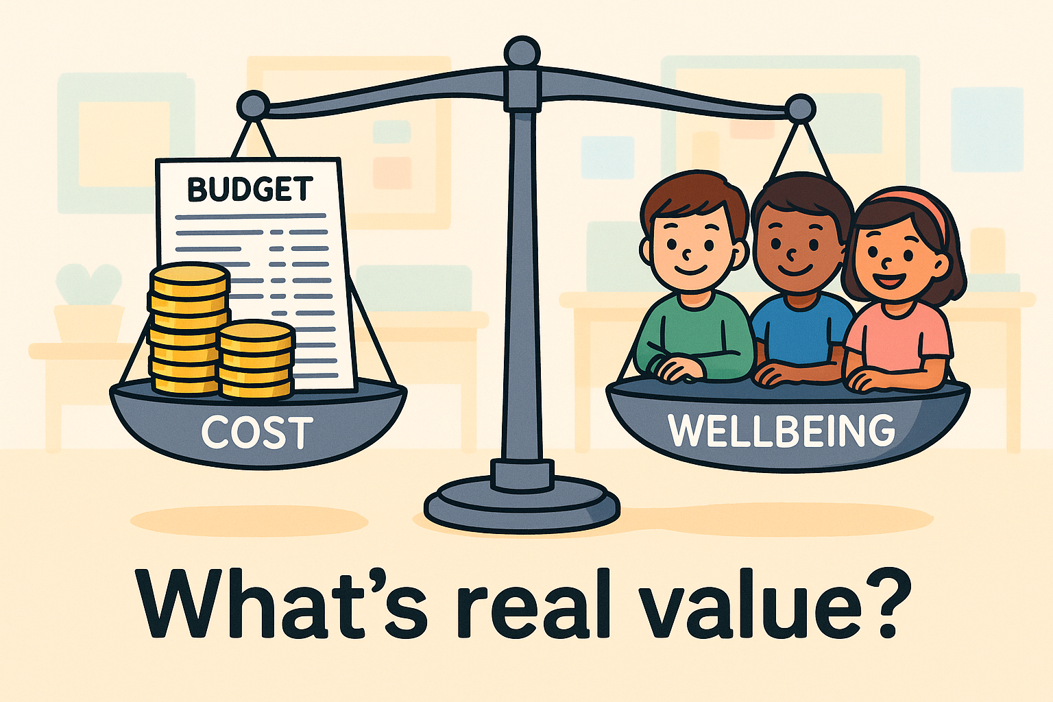 A cartoon scale balancing coins and a budget sheet labeled "Cost" on one side, and three smiling children labeled "Wellbeing" on the other, with the caption "What’s real value?" underneath.