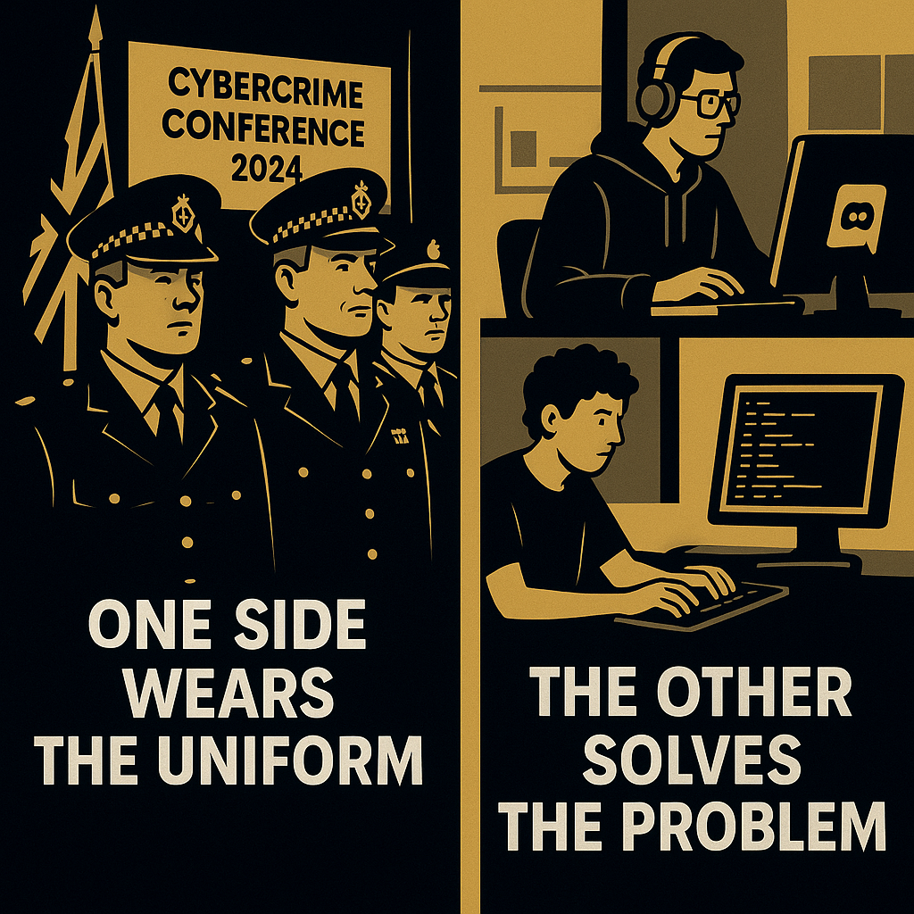 Split-screen illustration comparing police officers at a cybercrime conference with independent cybersecurity workers solving problems online.