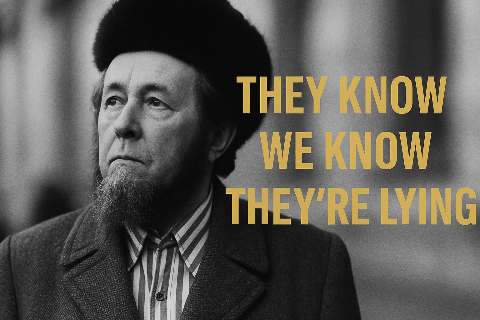 Black and white portrait of Aleksandr Solzhenitsyn with gold text reading “They know we know they’re lying.”