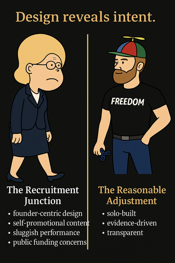 Meme-style comparison between The Reasonable Adjustment and The Recruitment Junction, highlighting solo-built transparency versus founder-centric design