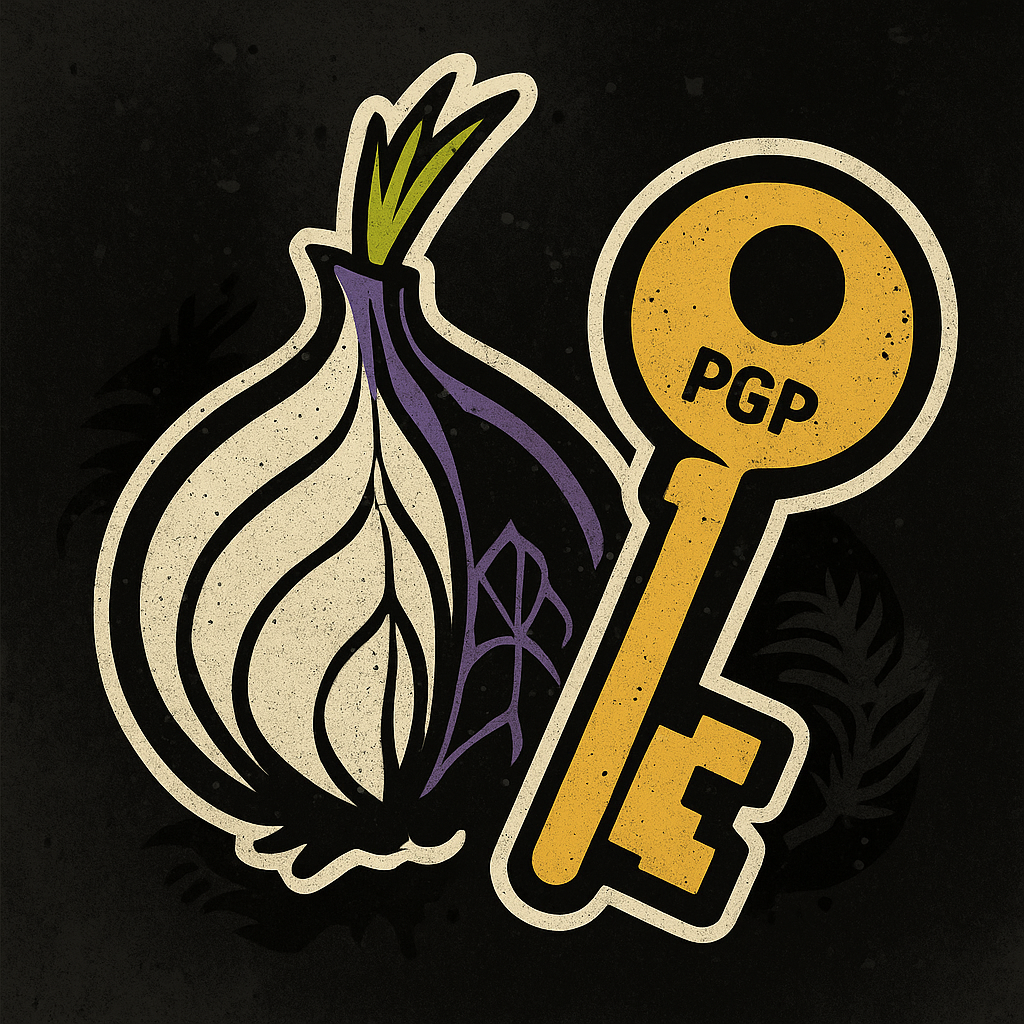 Tor onion logo and gold PGP key in a street art sticker style on a black background, representing secure anonymous whistleblower submissions.