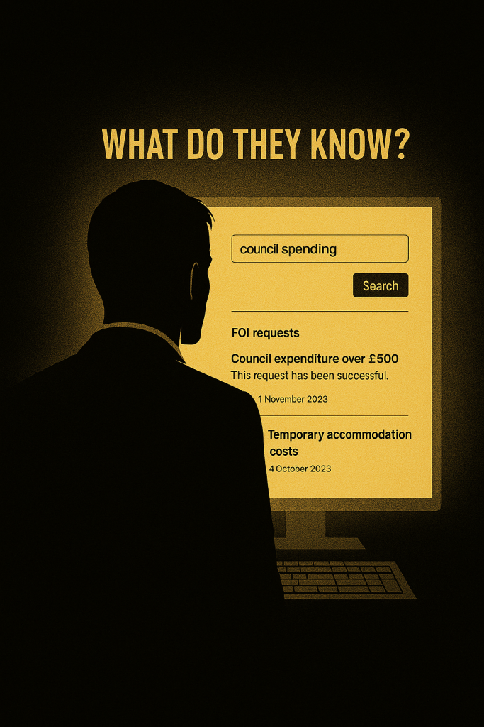 Silhouette of a man in a suit facing a glowing screen showing Freedom of Information search results on WhatDoTheyKnow.com