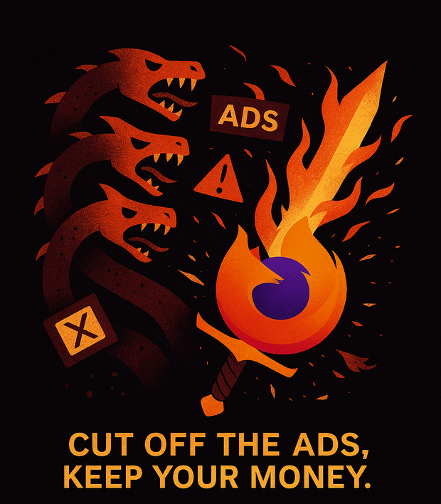 Mozilla Firefox logo as a flaming sword slashing a hydra of online ads and scams with the text Cut off the ads, keep your money.