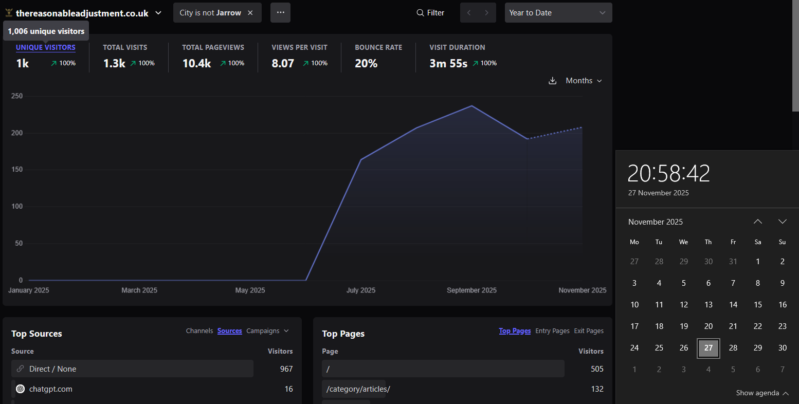 Traffic chart showing The Reasonable Adjustment reaching over 1,000 unique visitors and 10,000 pageviews in 2025.
