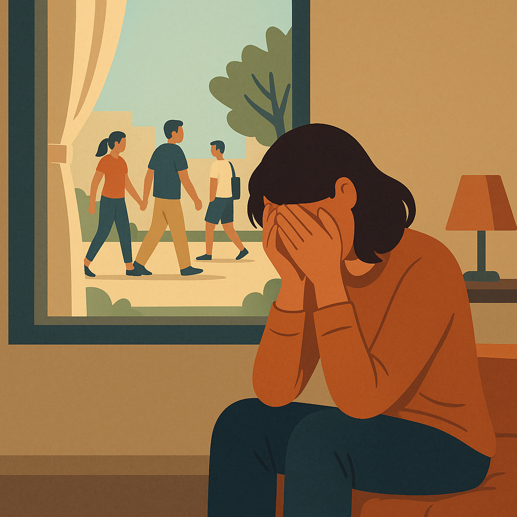 A person sitting indoors with their head in their hands while people outside walk past the window, illustrating the isolation and difficulty leaving home caused by agoraphobia.