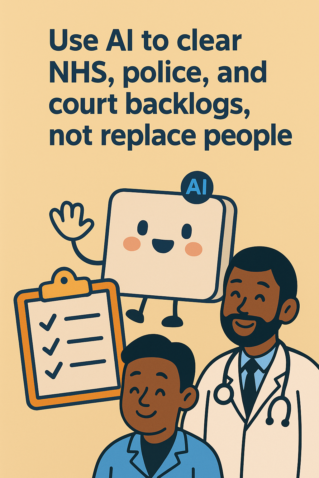 A cheerful digital illustration showing a cartoon AI assistant helping a police officer and a doctor manage paperwork and queues, symbolising how artificial intelligence can support public services.