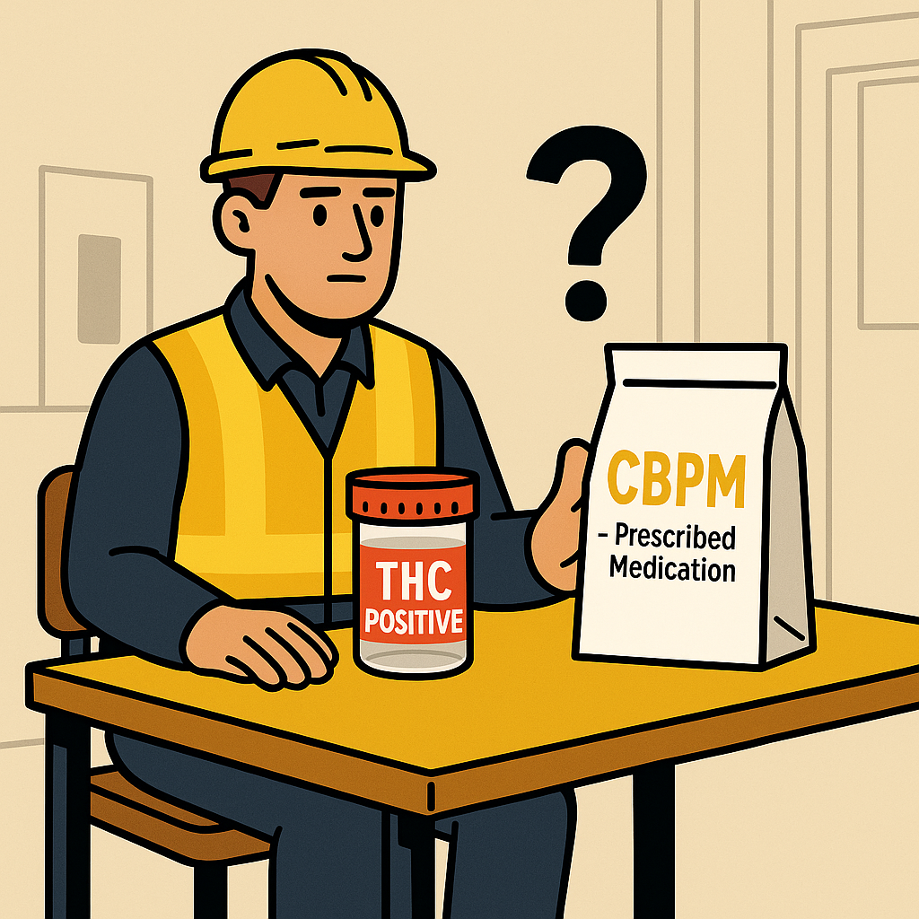 Cartoon of a worker in PPE sitting at a table with a drug test cup labelled THC Positive and a prescription bag labelled CBPM Prescribed Medication, highlighting the conflict between medical cannabis and workplace drug testing.