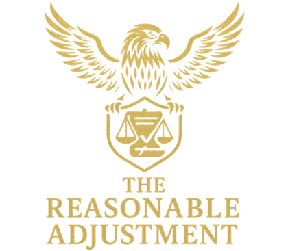 Gold hawk crest logo featuring scales of justice and document shield with the words “The Reasonable Adjustment” in serif text.