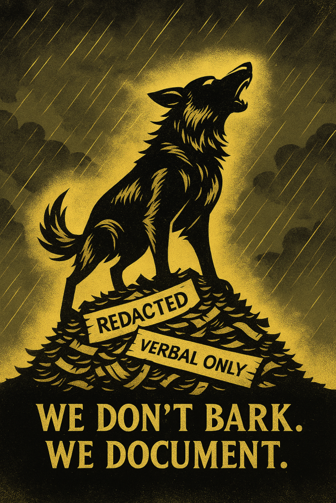 Stylised golden watchdog standing on shredded papers marked “Redacted” and “Verbal Only”, howling into a storm with lightning in the background.