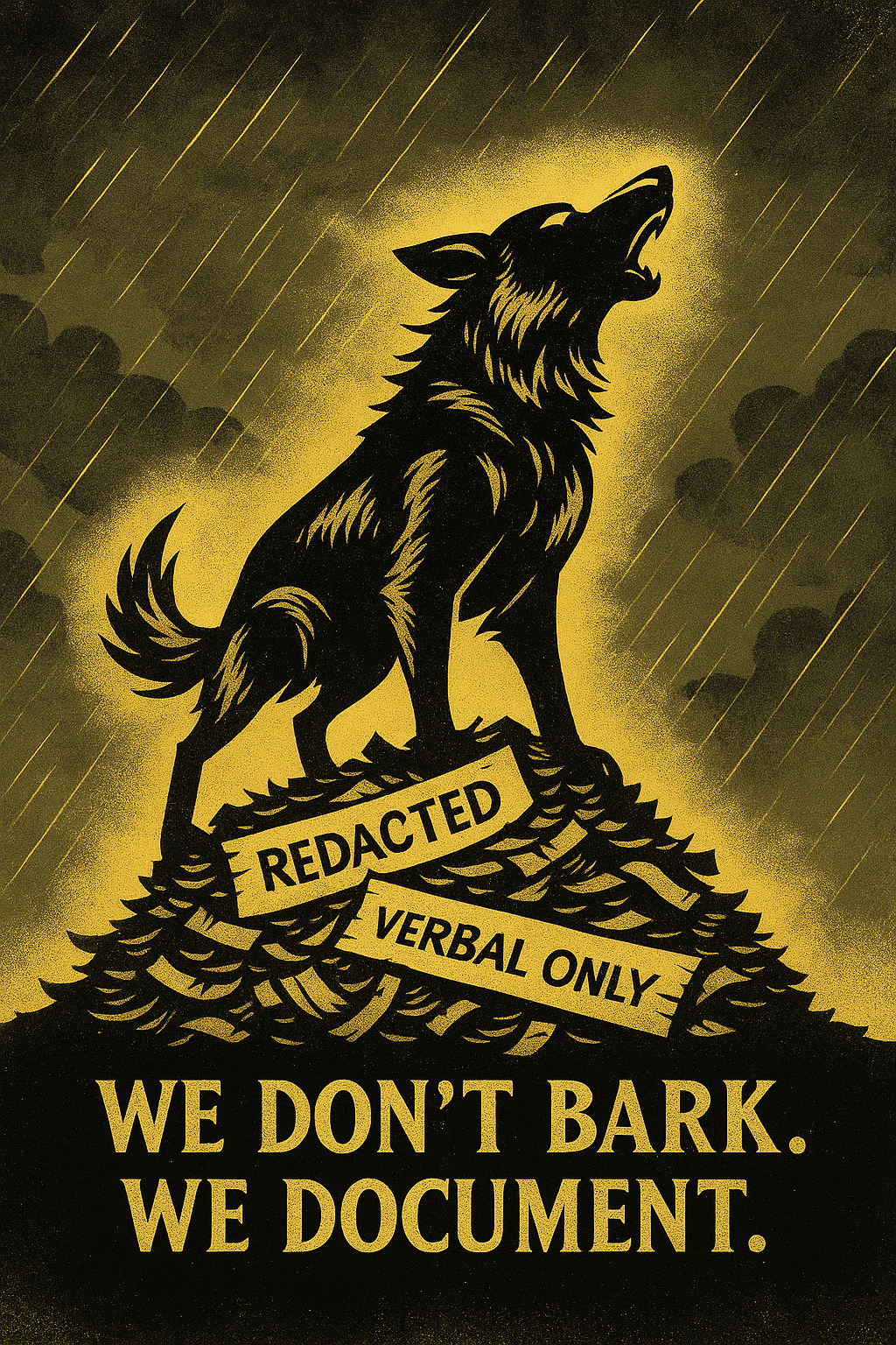 Stylised golden watchdog standing on shredded papers marked “Redacted” and “Verbal Only”, howling into a storm with lightning in the background.