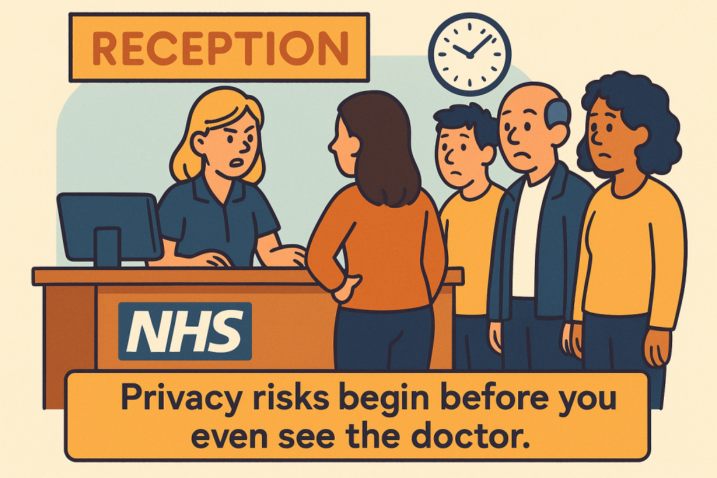 NHS GP reception area cartoon showing a patient speaking to a receptionist while other patients wait nearby within earshot, highlighting lack of privacy.