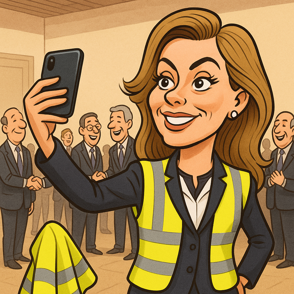 Cartoon of a big-headed politician in a suit and high-visibility vest taking a selfie while business executives shake hands in the background.