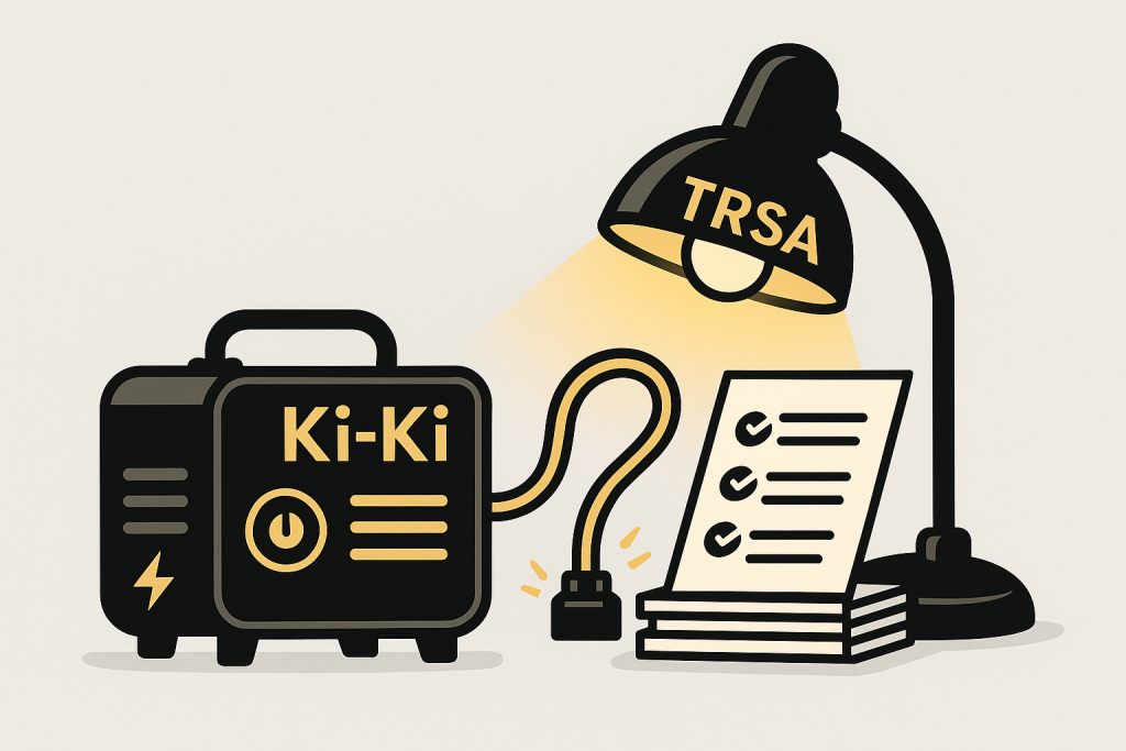 Cartoon illustration of a black and gold Ki-Ki generator powering a TRSA desk lamp that illuminates a stack of documents.