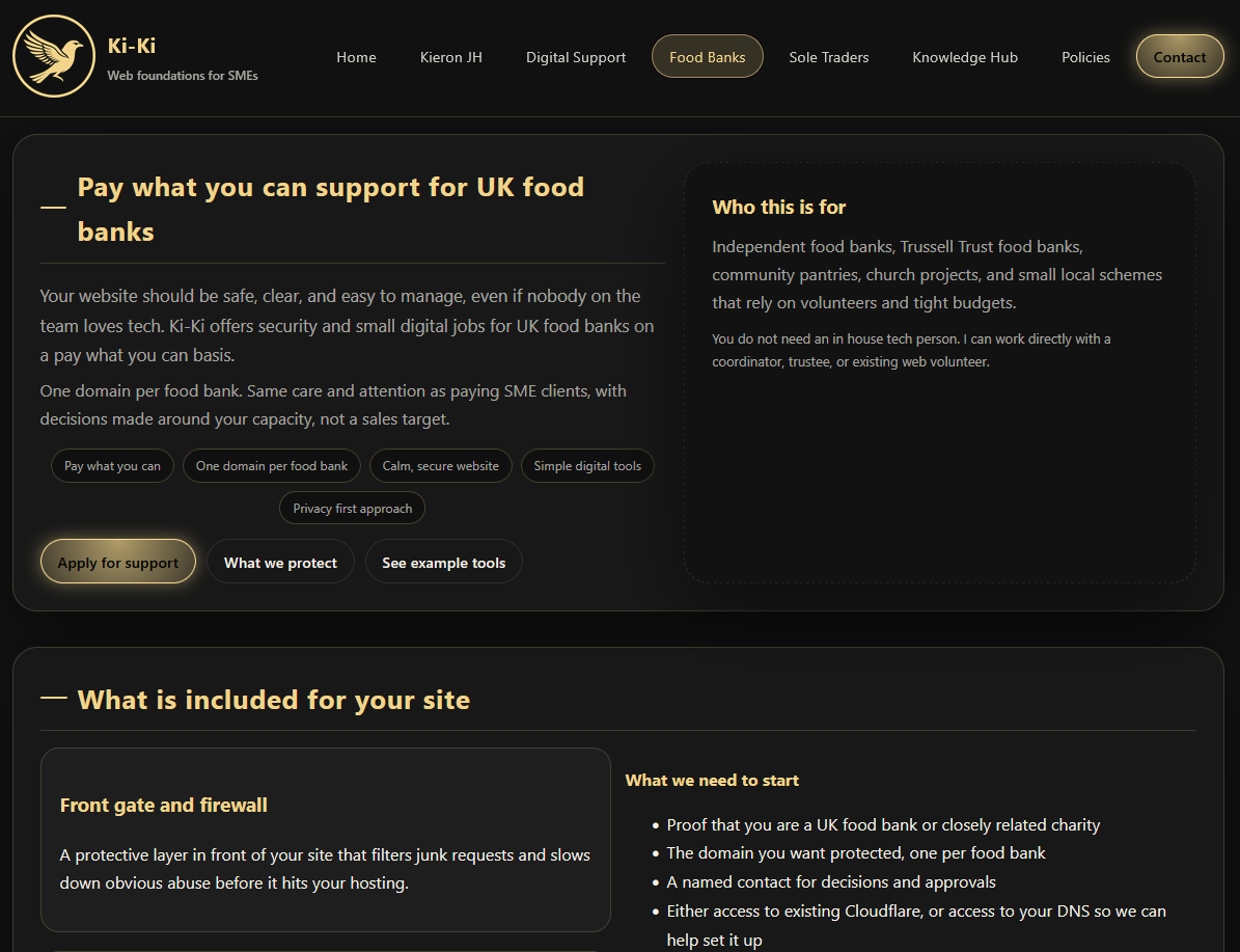 Screenshot of the Ki-Ki website’s Food Banks page, showing the pay what you can support offer, included features, and requirements for UK food banks.