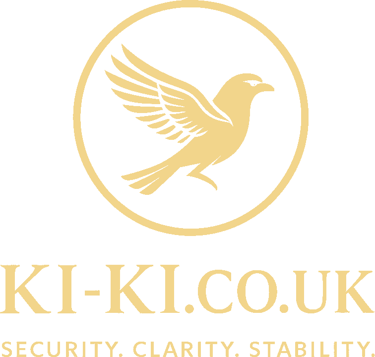 Ki-Ki gold guardian crest, a minimalist bird-in-circle emblem symbolising protection, stability, and trusted web foundations for SMEs.