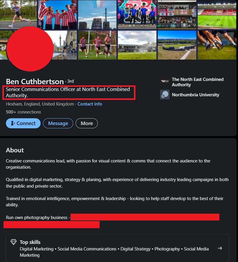 LinkedIn profile excerpt for Ben Cuthbertson showing Senior Communications Officer at the North East Combined Authority