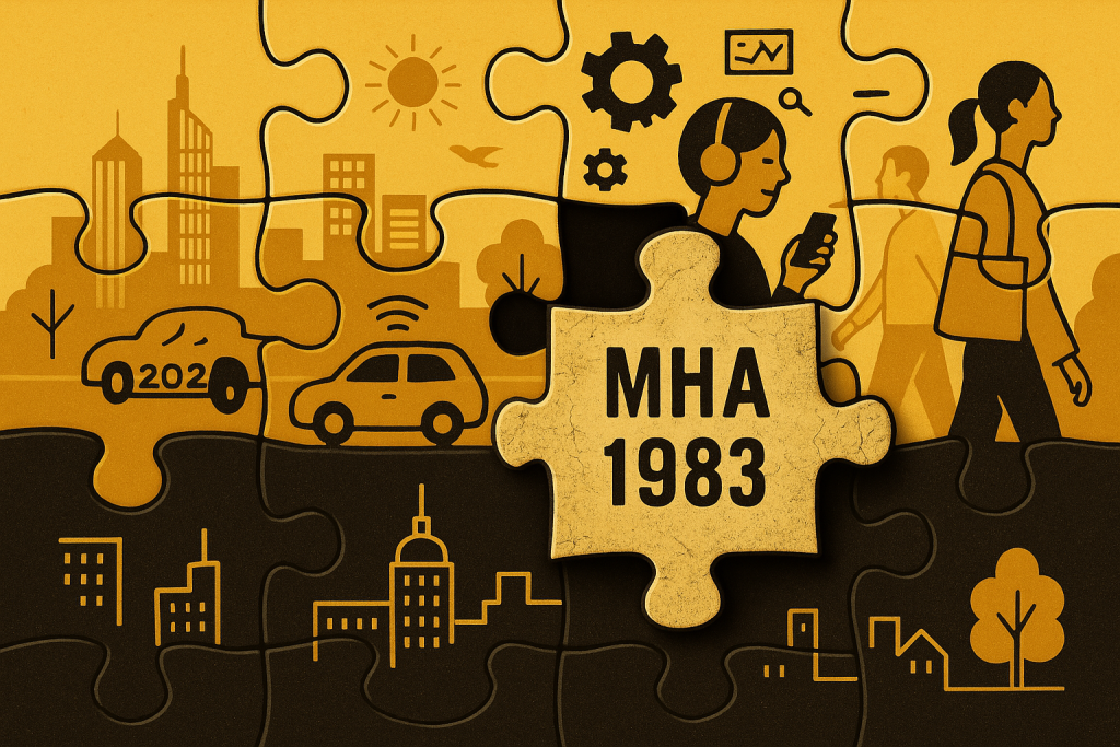 Illustration of a modern jigsaw puzzle with one outdated “MHA 1983” piece forced in