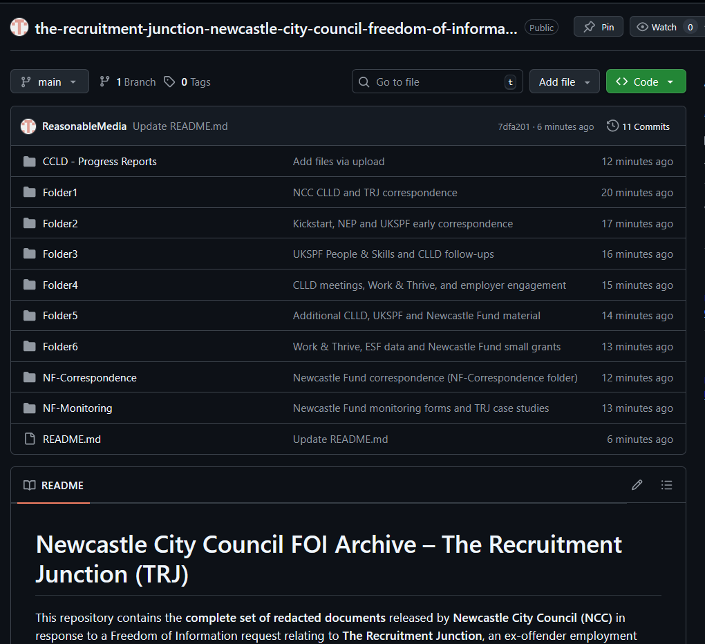 GitHub repository showing the complete Newcastle City Council FOI archive for The Recruitment Junction, including folders for CLLD, UKSPF and Newcastle Fund documents.