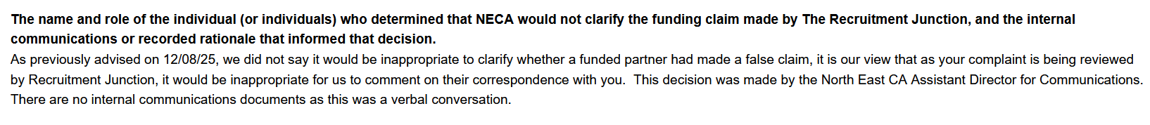 NECA FOI excerpt stating the decision was made by the Assistant Director for Communications and that it was a verbal conversation