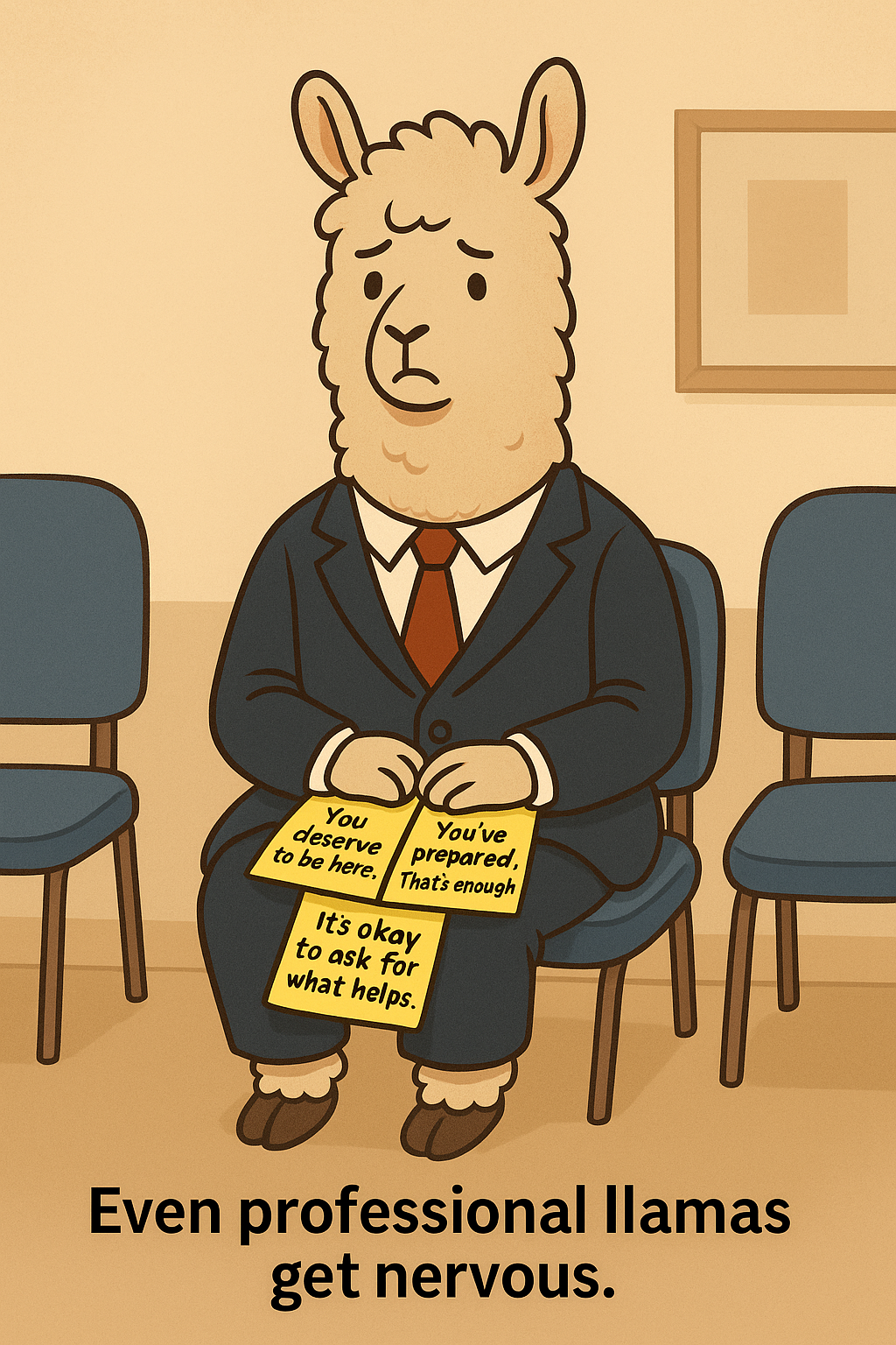 A nervous cartoon llama in a suit sits in a waiting room holding three sticky notes with supportive reminders: “You deserve to be here,” “You’ve prepared. That’s enough,” and “It’s okay to ask for what helps.”