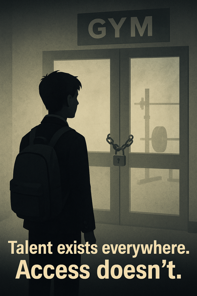 Silhouette of a schoolboy in uniform looking at a locked gym door, symbolising lack of access to training facilities.