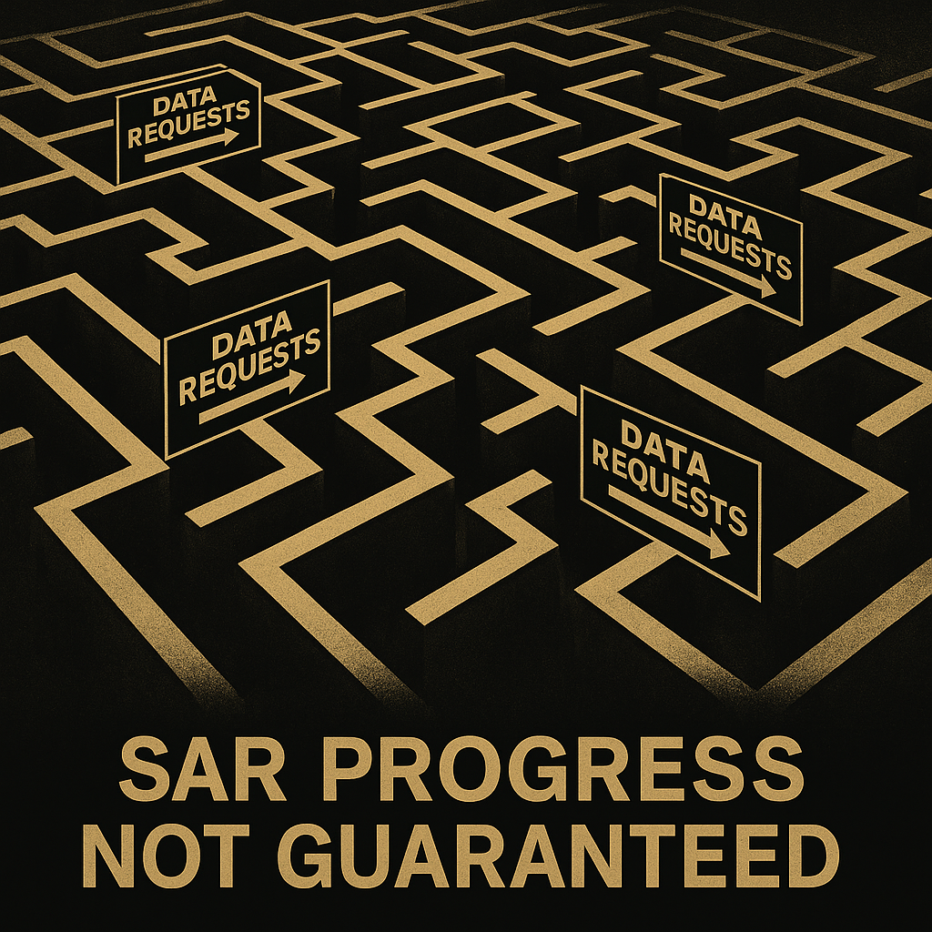 Aerial view of a stylised black and gold maze with multiple “DATA REQUESTS” signs pointing in conflicting directions, and bold text below reading “SAR PROGRESS NOT GUARANTEED.”