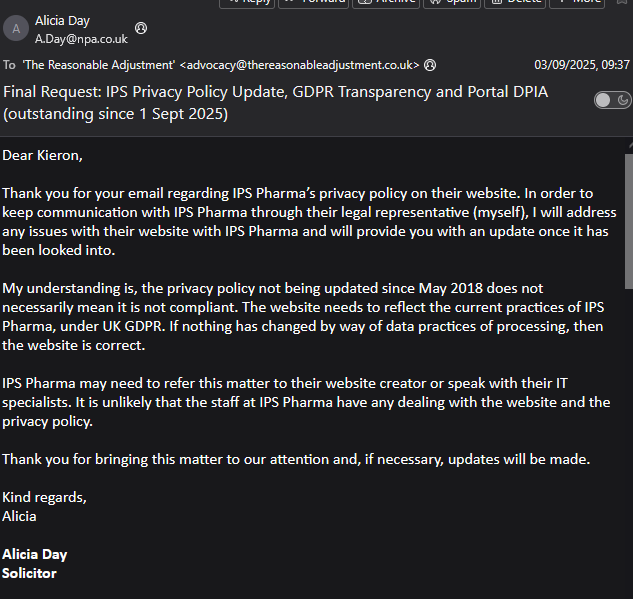 Screenshot of a 3 September 2025 email from NPA solicitor Alicia Grace Day acknowledging concerns about IPS Pharma’s 2018 privacy policy and promising to raise them with IPS and report back after it has been looked into.
