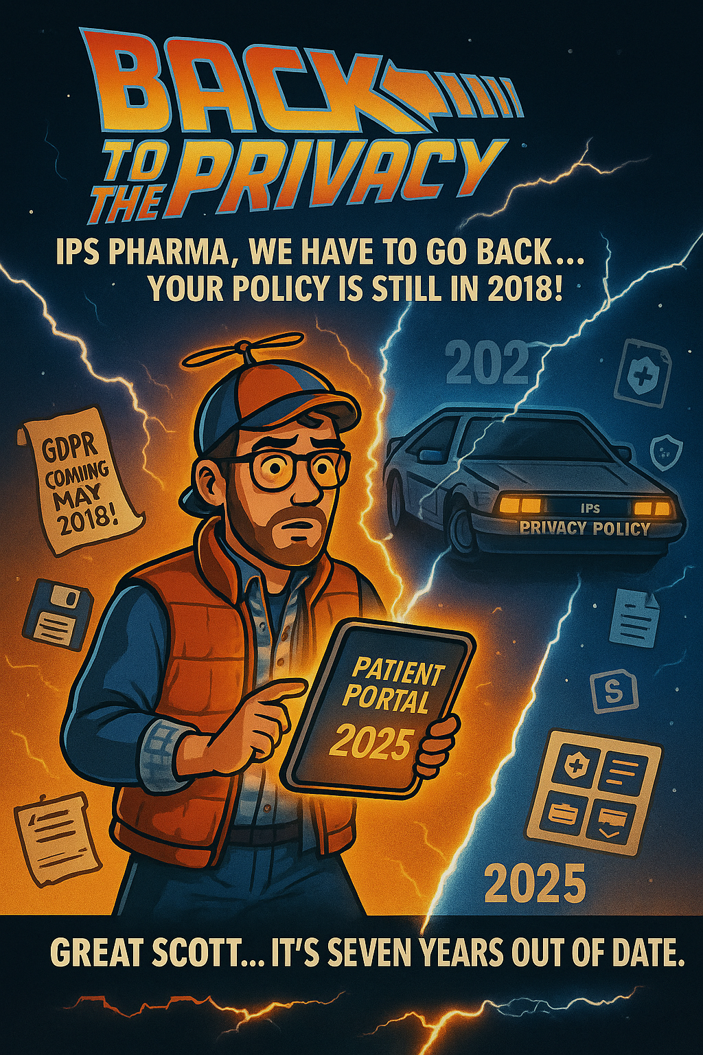 A retro-styled “Back to the Privacy Policy” illustration showing a Marty McFly–inspired character holding a glowing 2025 patient portal tablet, while a DeLorean-like car labelled “IPS Privacy Policy — Last Updated 2018” appears behind him. Lightning splits the scene between the years 2018 and 2025, highlighting the outdated IPS Pharma privacy policy.