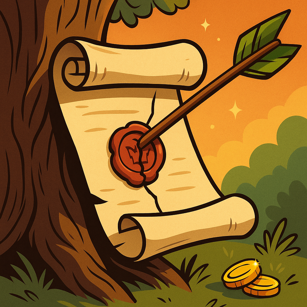 Cartoon-style illustration of a parchment scroll pinned to a tree with an arrow cracking a wax seal, symbolising Robin Hood exposing royal authority.