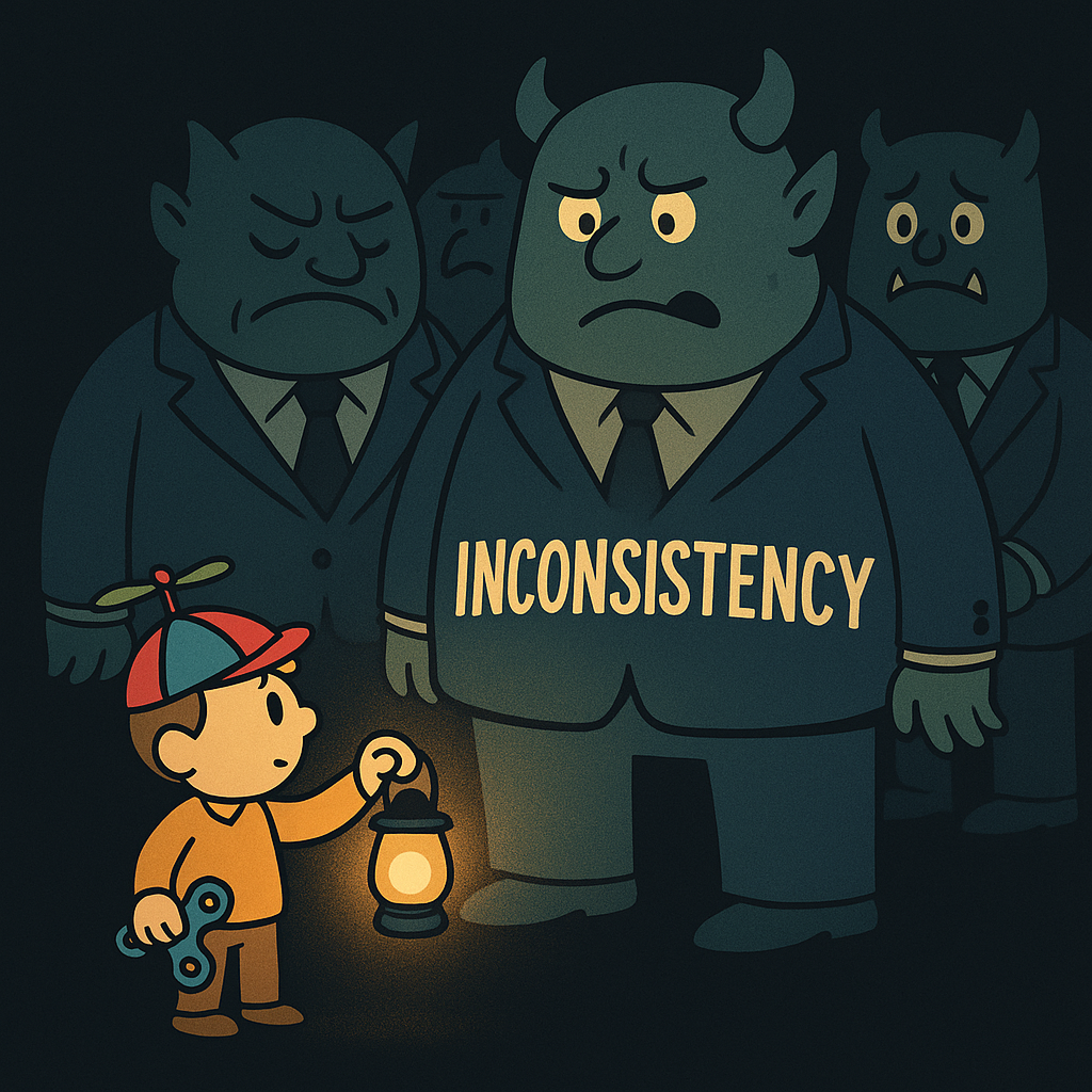 Cartoon of a lone autistic character with a propeller cap, lantern and fidget spinner facing several large suited monsters labelled “Inconsistency,” symbolising autistic clarity confronting institutional contradictions.