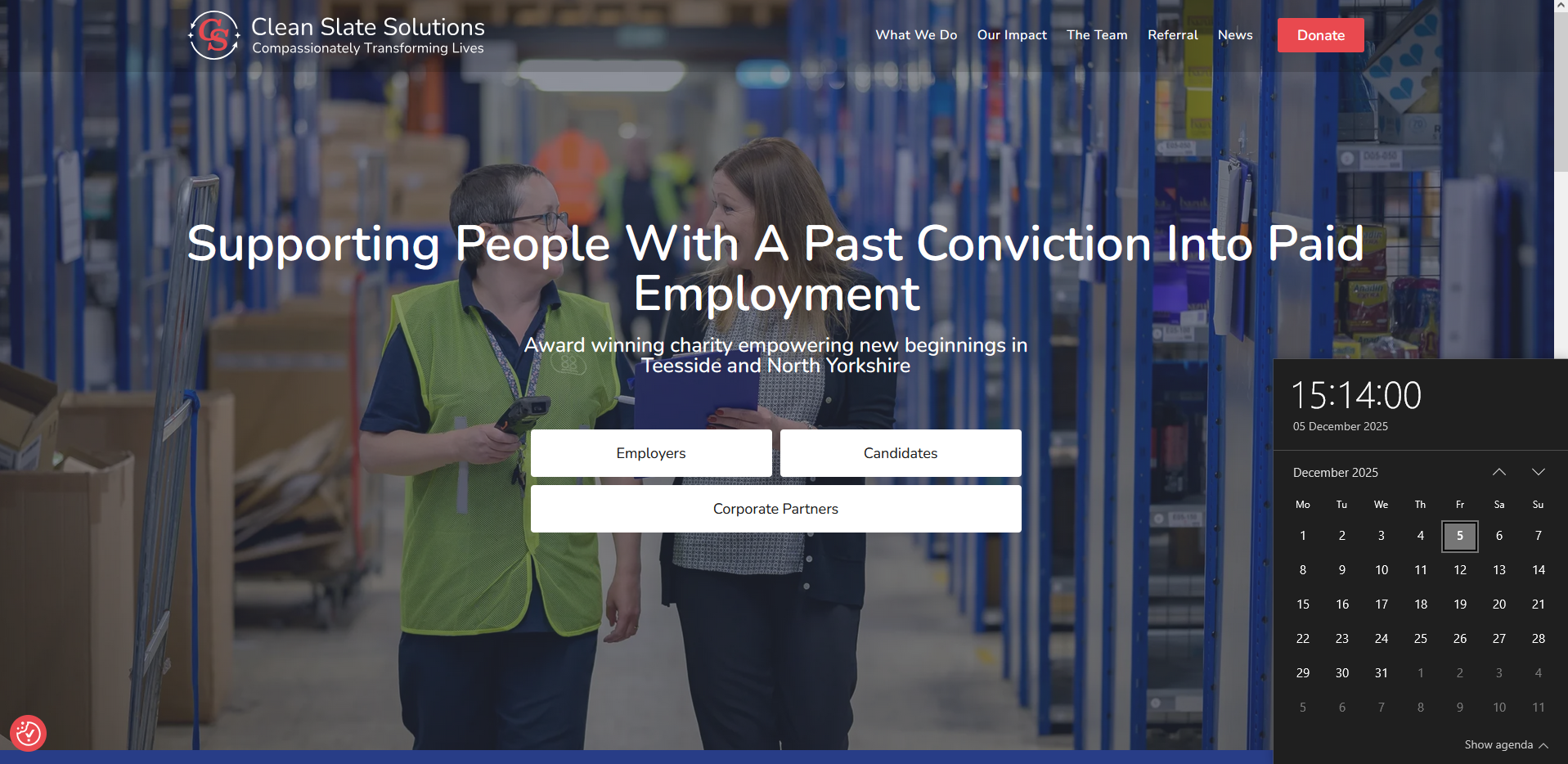 Clean Slate Solutions homepage, first view, showing warehouse setting and headline about supporting people with past convictions into paid employment