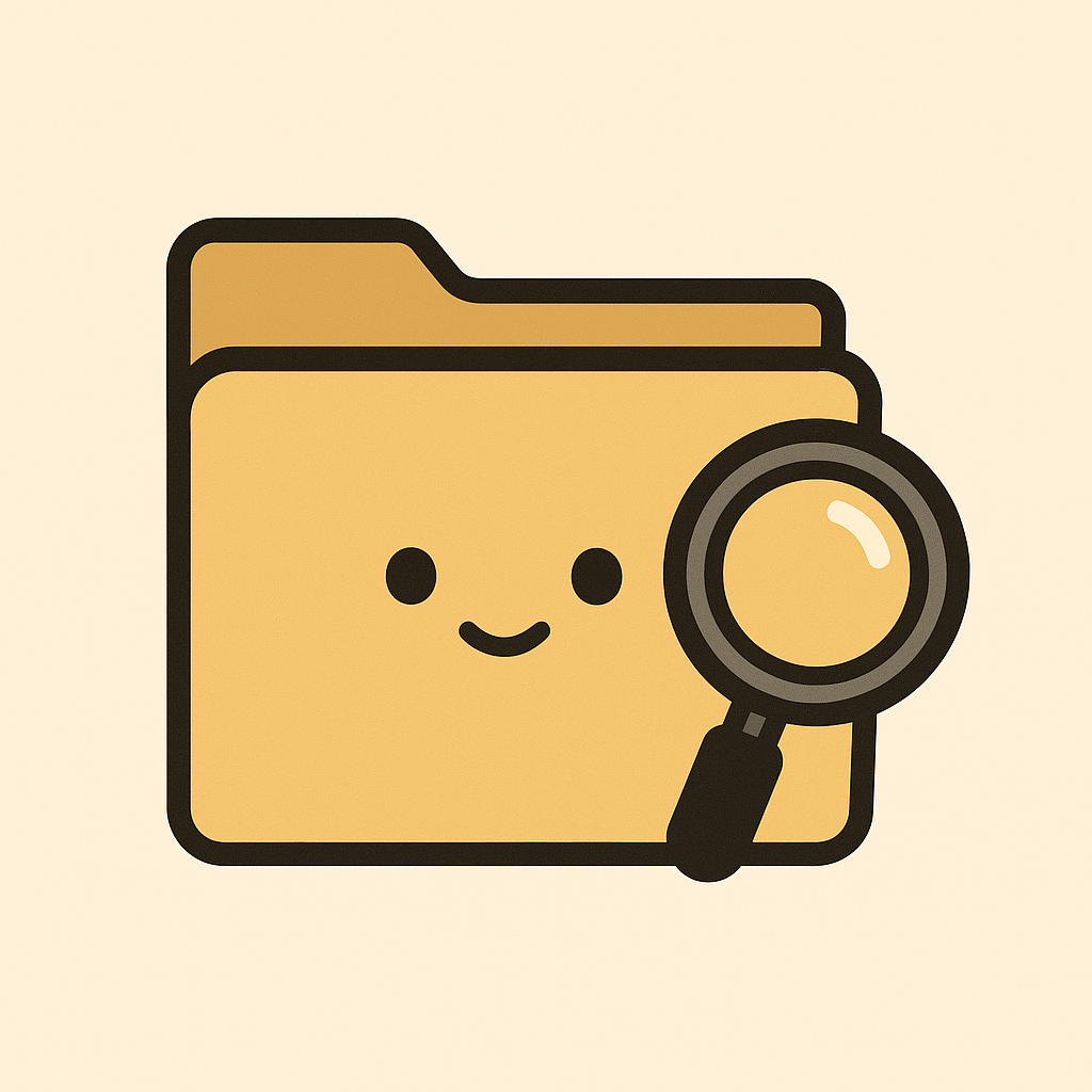 Cute cartoon file folder with a soft face holding a magnifying glass, symbolising clarity and data access for neurodivergent readers.