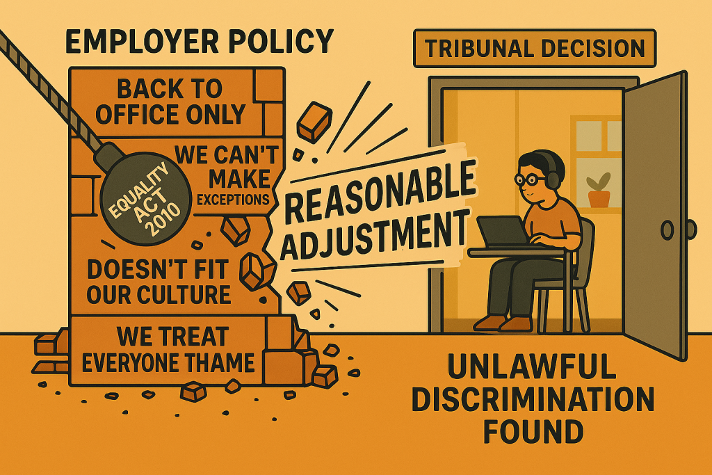 A cartoon gavel labeled "Equality Act 2010" smashes through a brick wall of employer excuses like "Back to Office Only" and "We Treat Everyone the Same." The words "Reasonable Adjustment" burst through the gap as an autistic employee works calmly at home under a tribunal sign that reads "UNLAWFUL DISCRIMINATION FOUND."