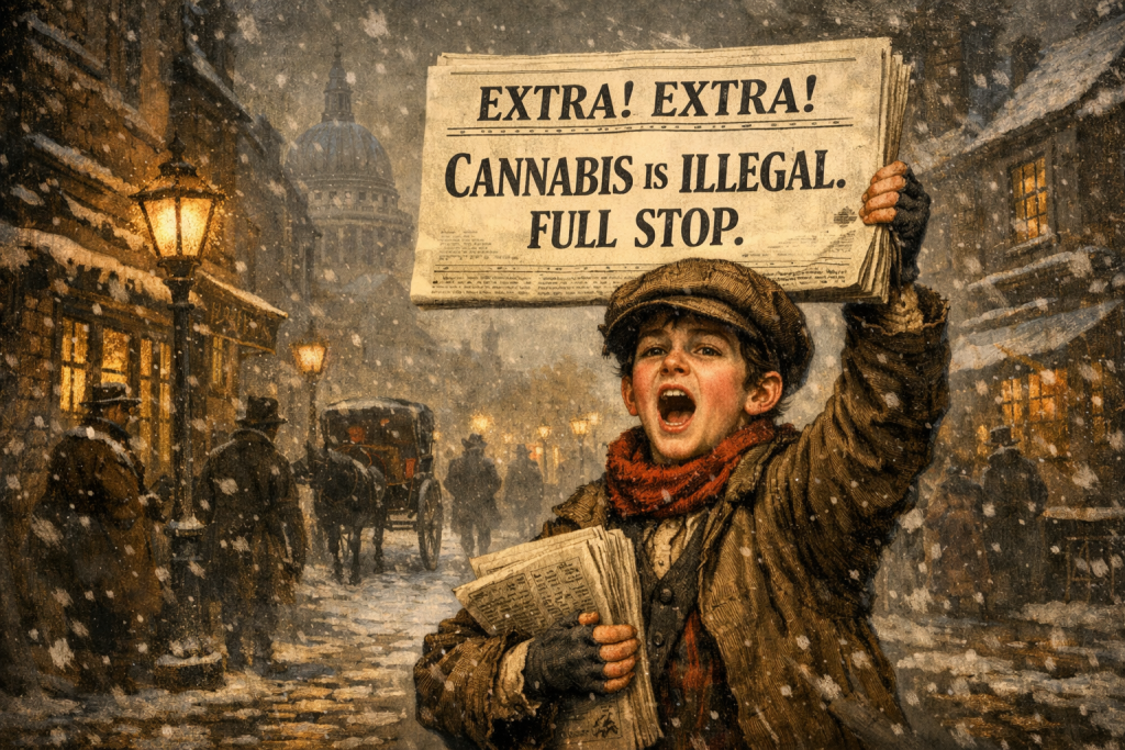 Victorian newspaper boy on a snowy London street holding a paper reading “Extra! Extra! Cannabis is illegal. Full stop.”