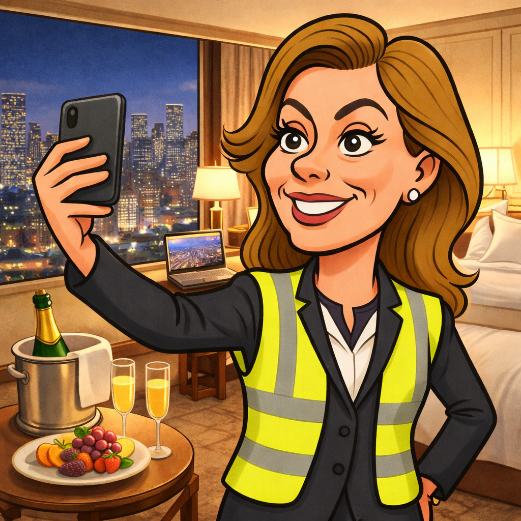 Satirical cartoon of a politician in a high visibility vest taking a selfie inside a luxury hotel room during an overseas trip, with champagne and a night time city skyline visible.