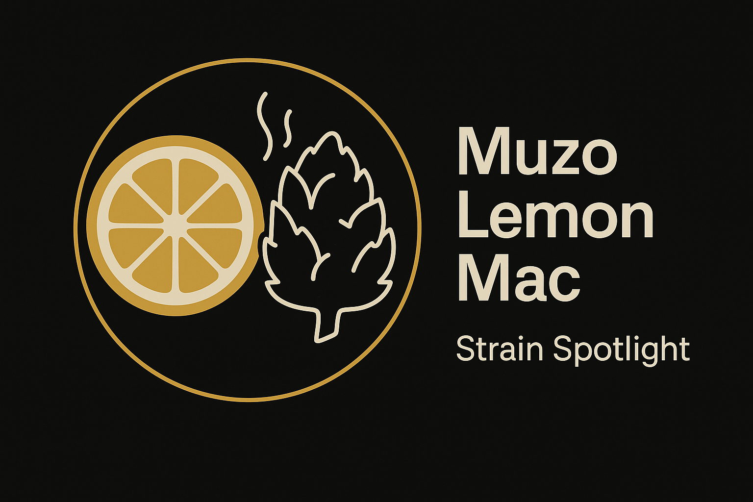Editorial graphic for the Muzo Lemon Mac strain spotlight showing a stylised lemon slice and cannabis bud outline on a black background.