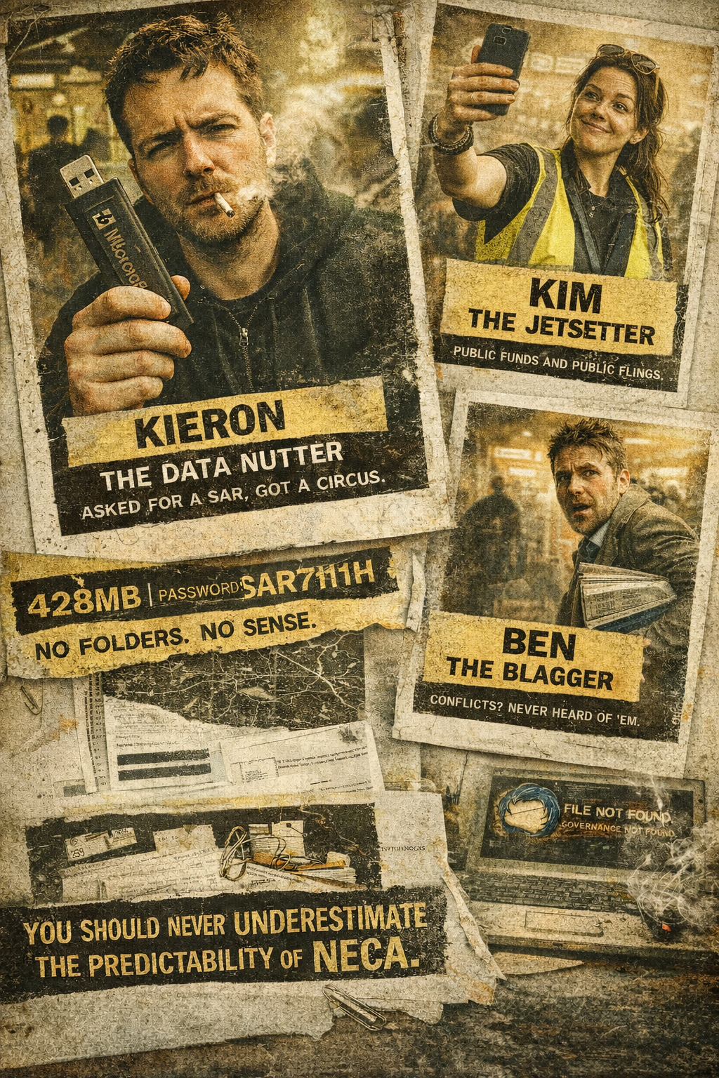 Snatch-style parody poster showing Kieron as 'The Data Nutter', Ben as 'The Blagger', and Kim as 'The Jetsetter' taking a selfie in a hi-viz vest, with captions mocking NECA's chaotic SAR response and digital governance.