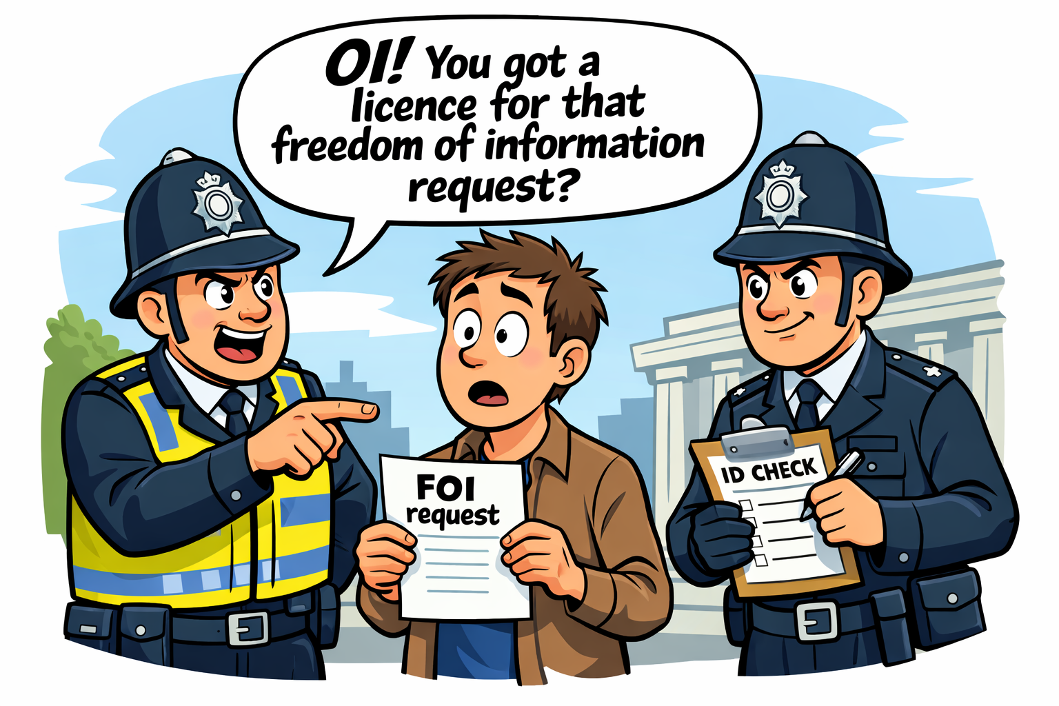Two cartoon British police officers demanding a licence for a freedom of information request from a surprised member of the public.