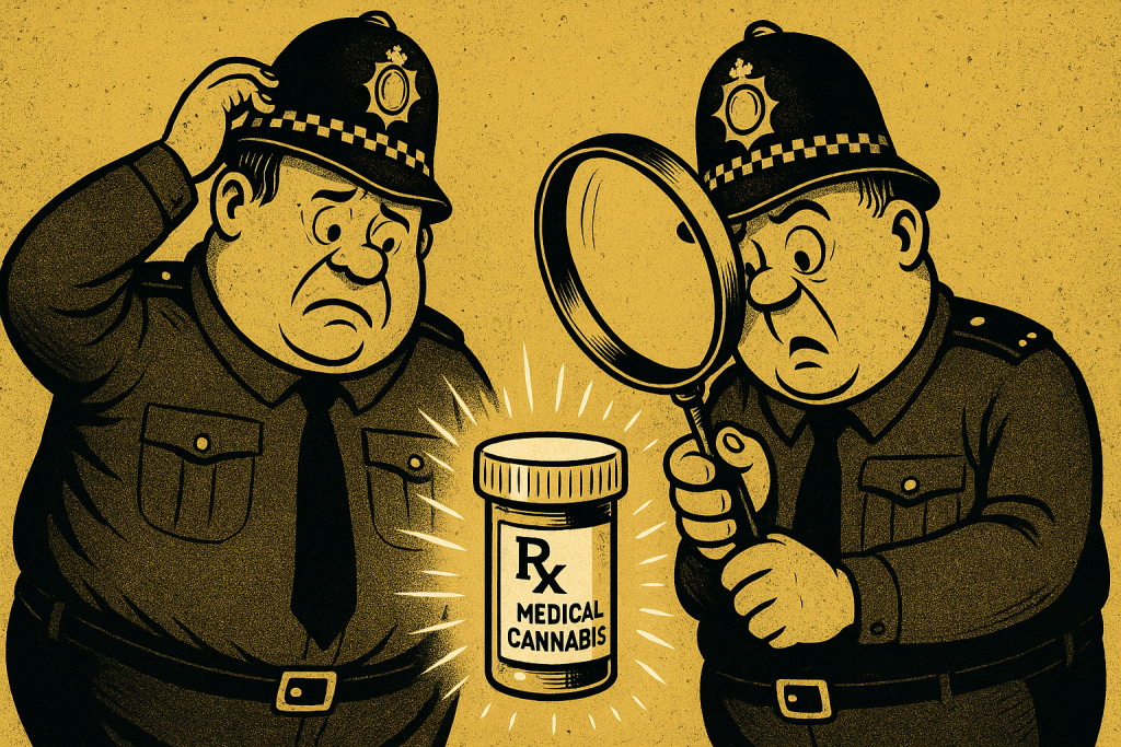Two confused cartoon British police officers inspect a glowing medical cannabis prescription bottle with oversized hats and a magnifying glass.