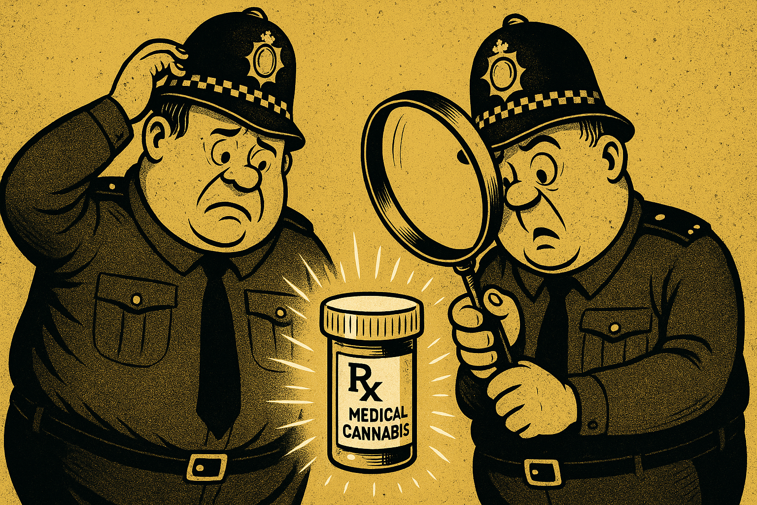 Two confused cartoon British police officers inspect a glowing medical cannabis prescription bottle with oversized hats and a magnifying glass.