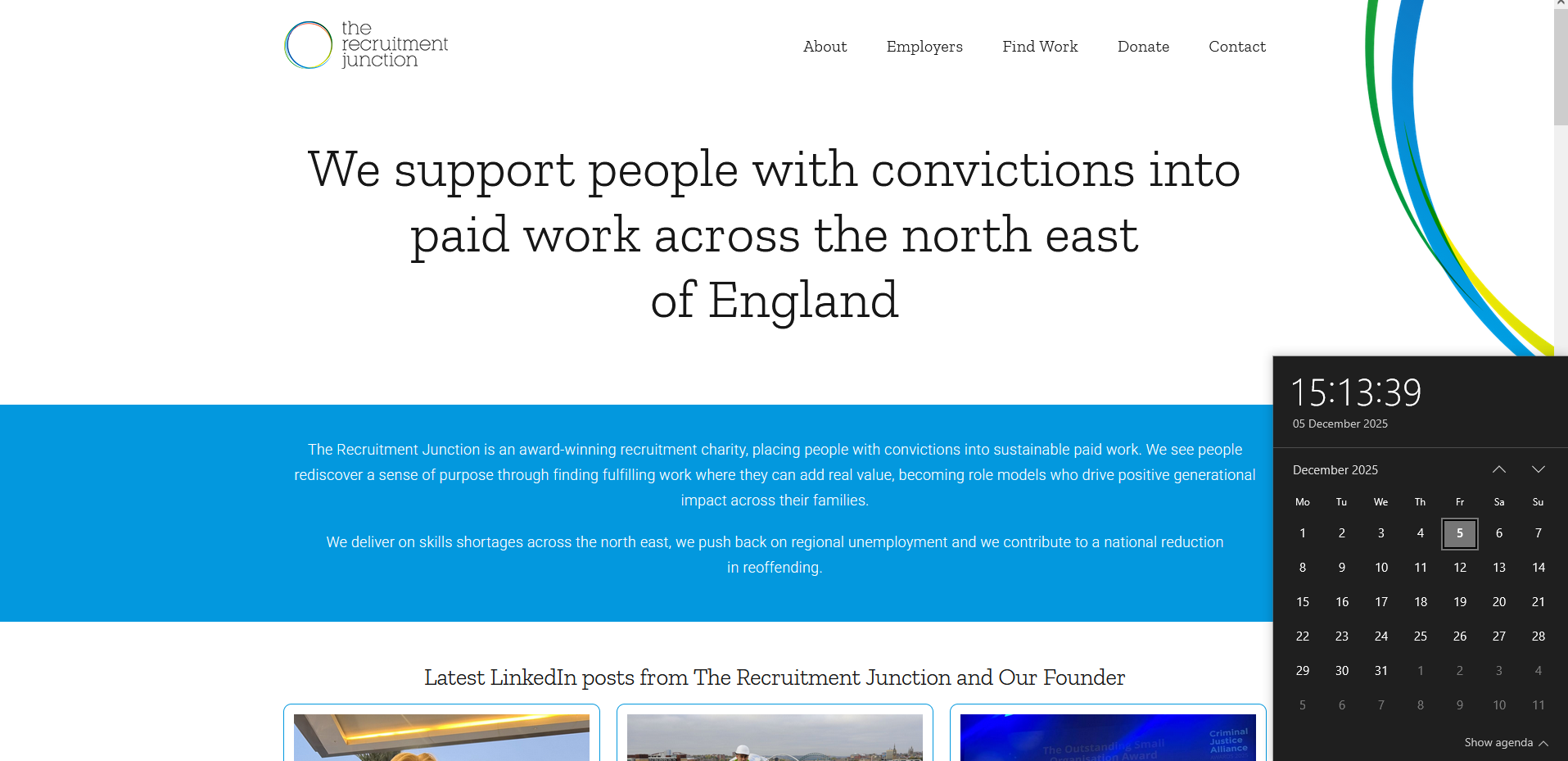 The Recruitment Junction homepage, first view, showing large slogan text and a blue band of introductory copy