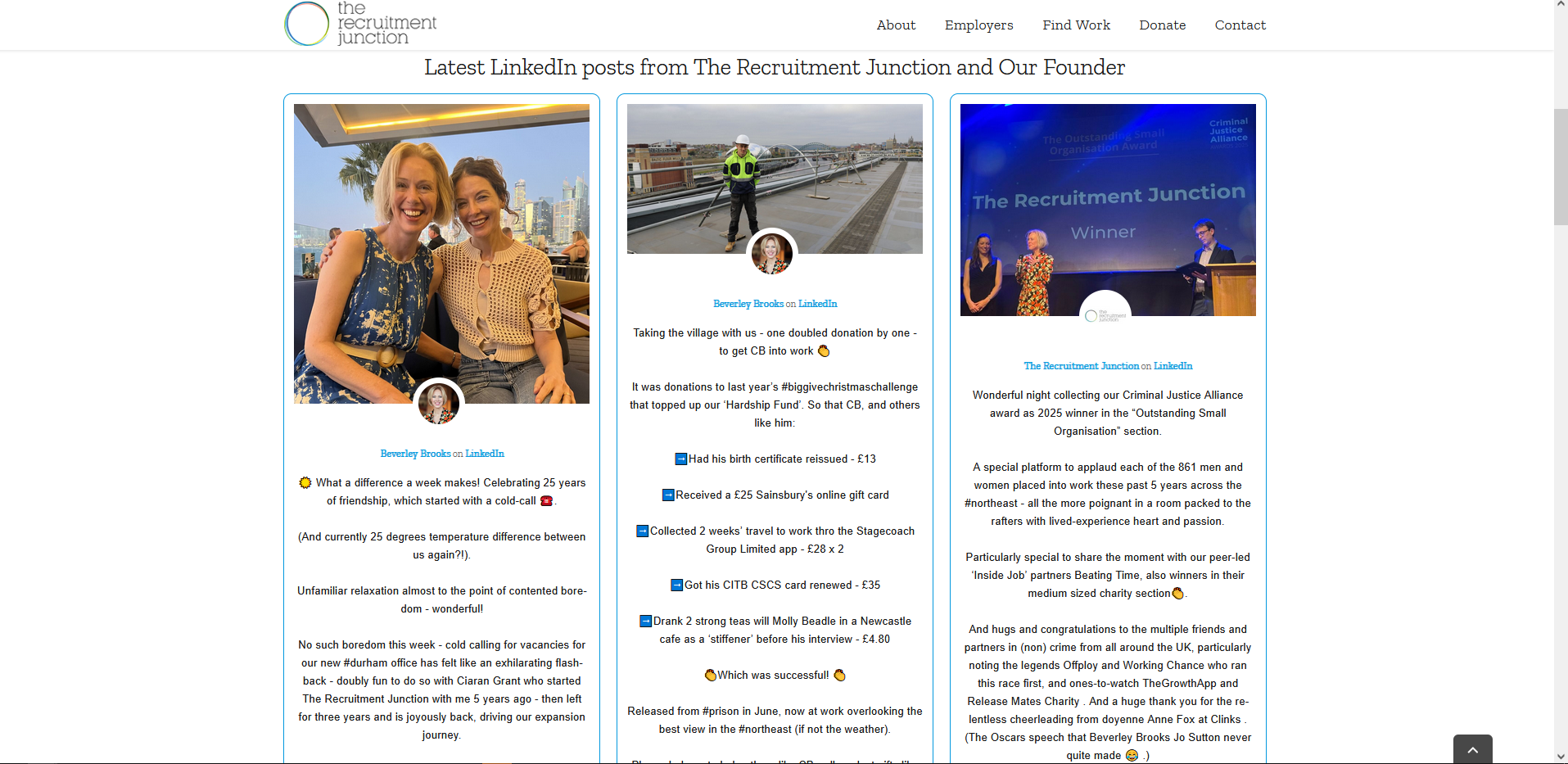 The Recruitment Junction homepage after scrolling, showing LinkedIn posts featuring the founder and an awards event