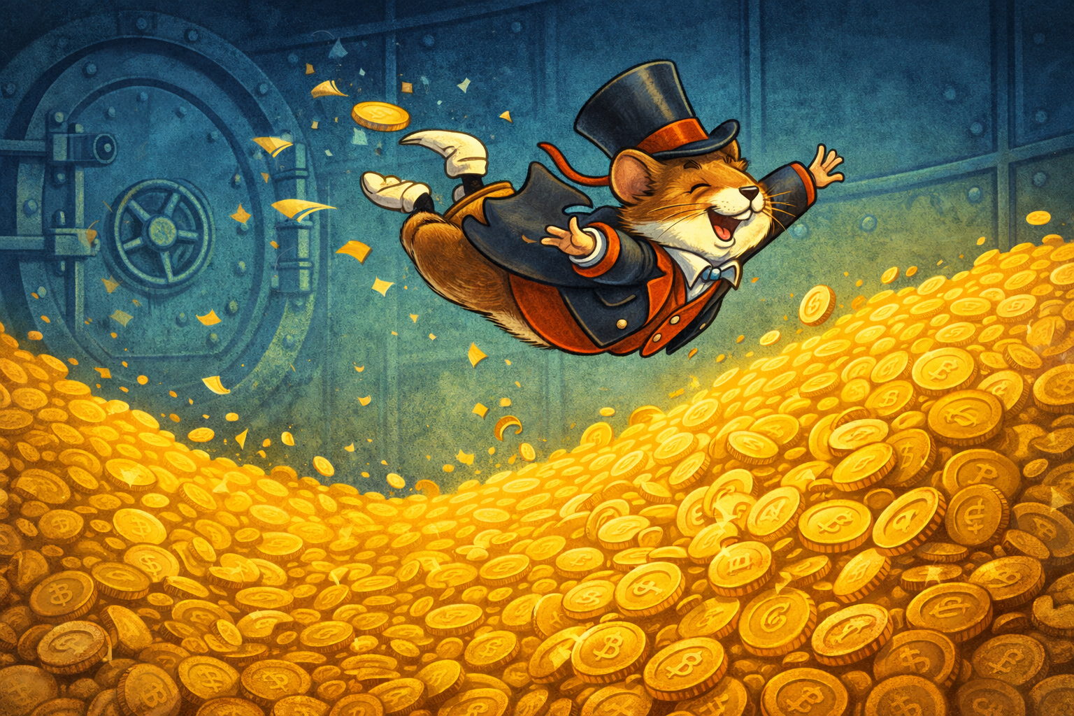 Illustration of a small rodent in a vintage suit diving into a vault of gold coins, representing wasted money and subscription overload versus smarter free tools